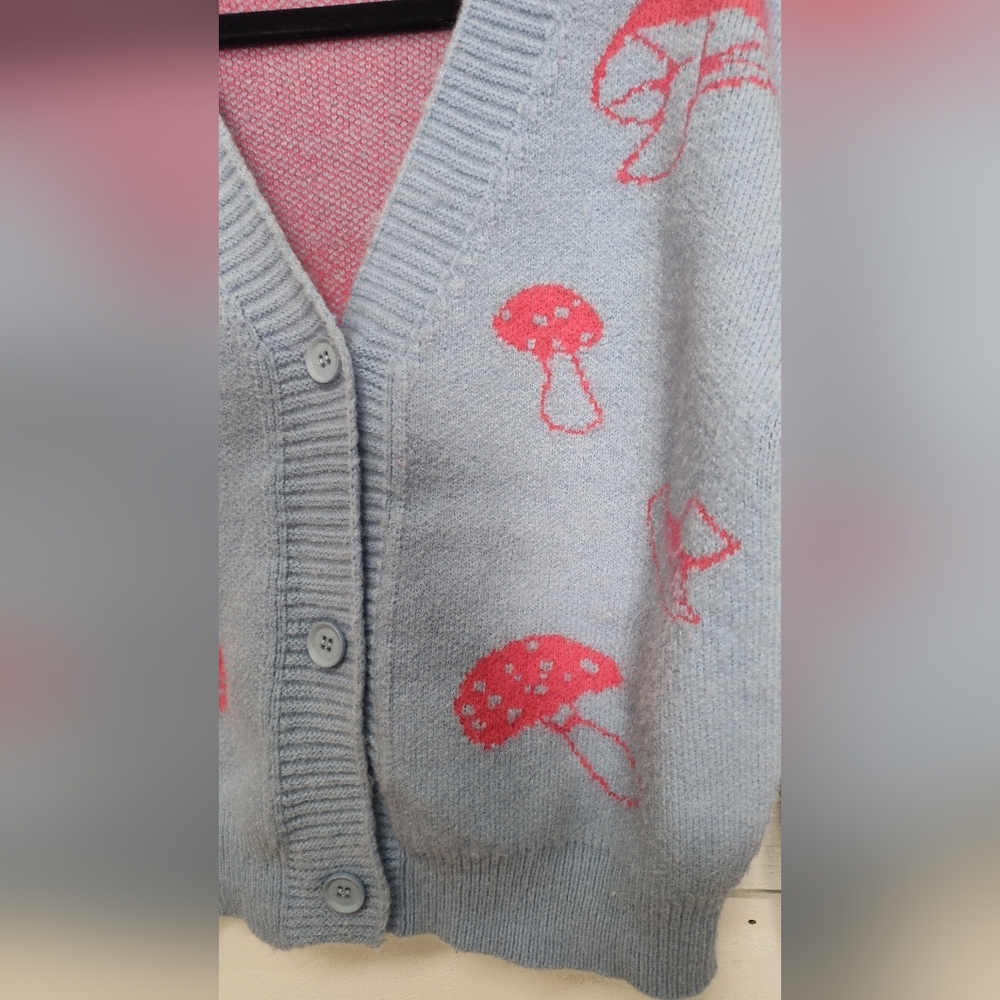 Cider Light Blue Cardigan with Pink Mushroom Motif - Picture 3 of 5
